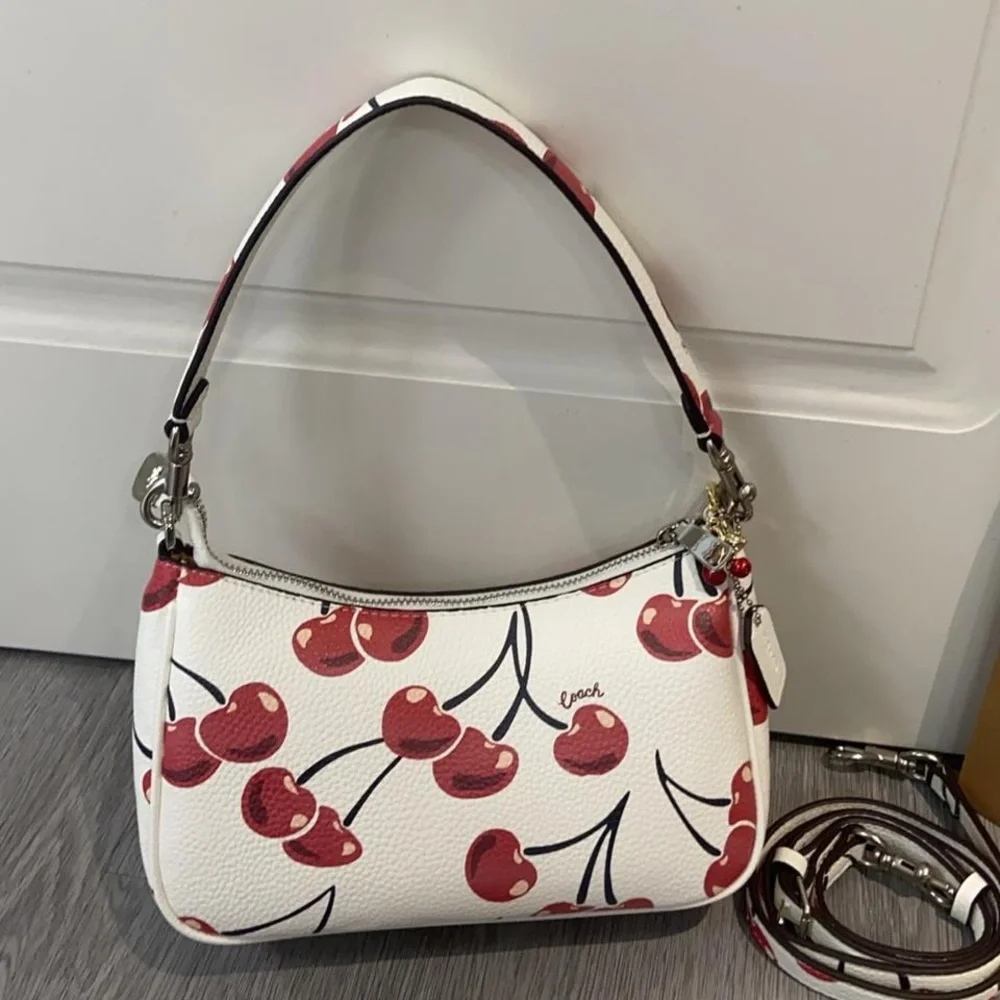 Coach White Leather Shoulder Bag with Red Cherry Print
